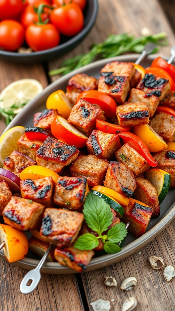 Grilled pork kabobs with colorful vegetables on a wooden table.